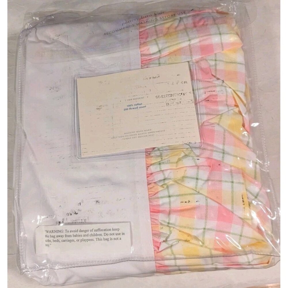 Pottery Barn Kids Crib Dust Ruffle Bed Skirt Plaid Pink Cotton Spring Percale - Picture 2 of 11
